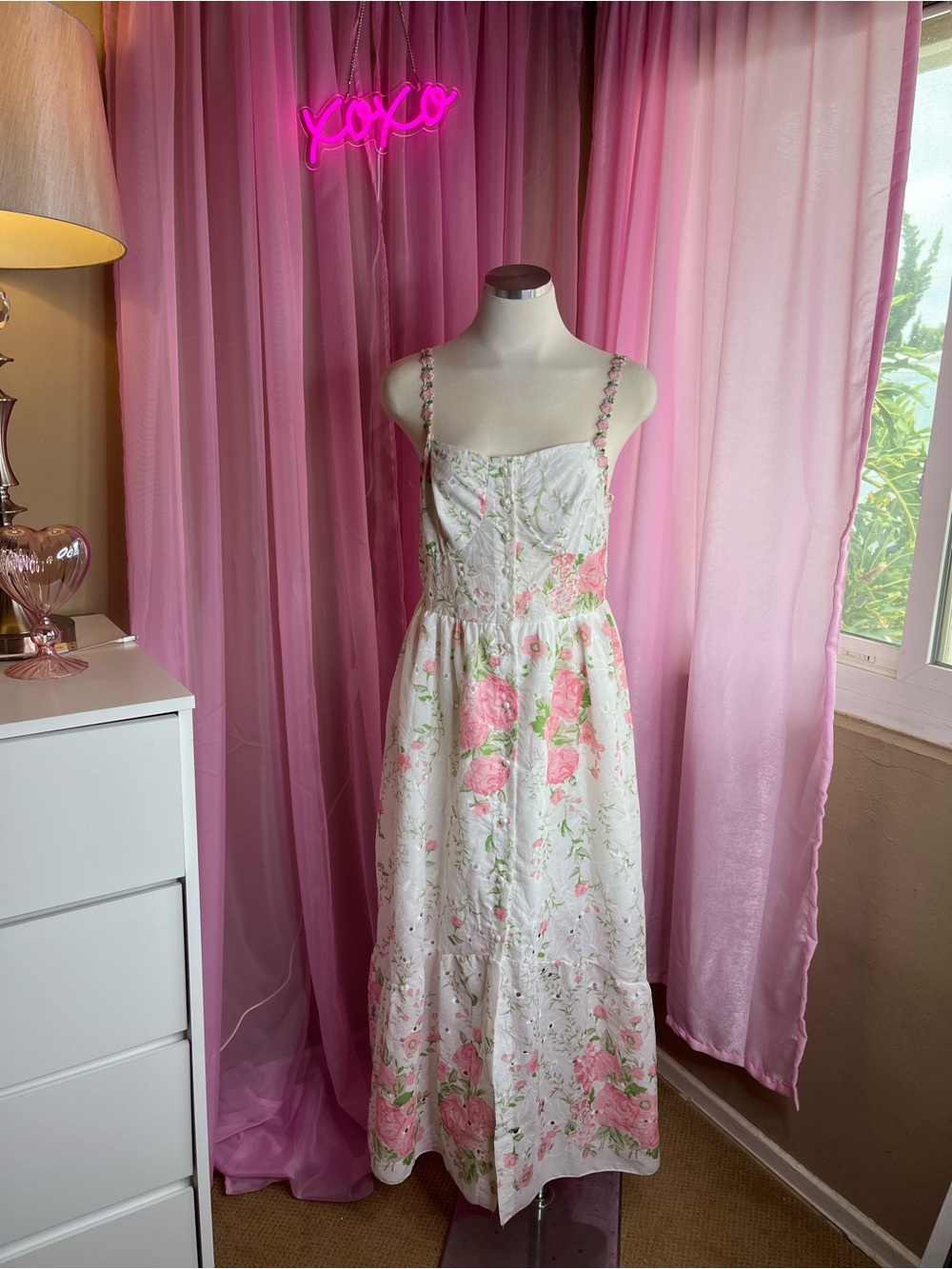 SHEIN White Maxi Dress with Pink Floral Print
